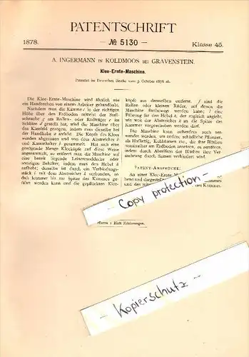 Original Patent - A. Ingermann in Koldmoos b. Gravenstein / Grasten , 1879 , Klee-Erntemaschine , Agrar , Dänemark !!!