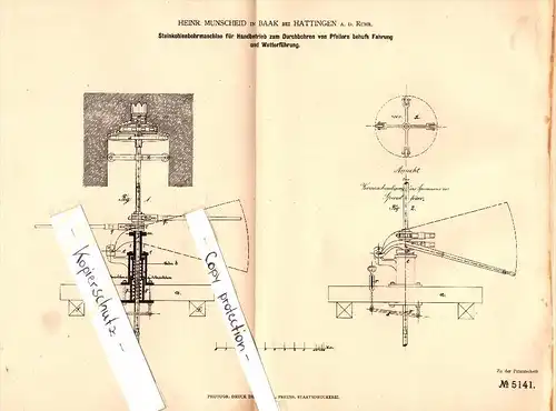 Original Patent - Heinrich Munscheid in Baak b. Hattingen a.d. Ruhr , 1879 , Steinkohle-Bohrmaschine , Bergbau !!!