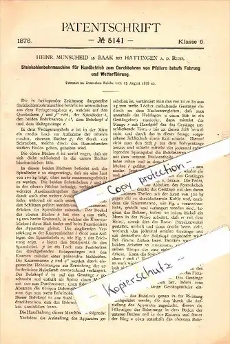 Original Patent - Heinrich Munscheid in Baak b. Hattingen a.d. Ruhr , 1879 , Steinkohle-Bohrmaschine , Bergbau !!!