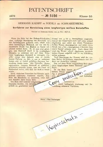 Original Patent - Hermann Kaempf in Pöhla b. Schwarzenberg ,1897, Herstellung von langfaserigem Holzstoff , Papierfabrik