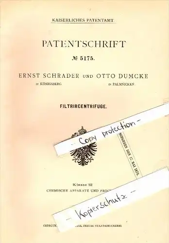 Original Patent - Otto Dumcke in Palmnicken / Jantarny , 1879 , Centrifuge ,  Ernst Schrader in Königsberg , Russland !!