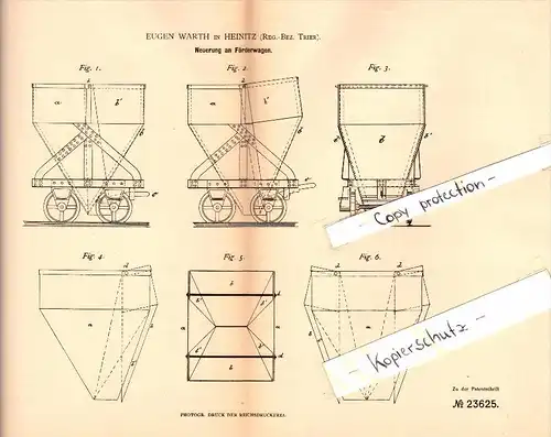 Original Patent - Eugen Warth in Heinitz / Neunkirchen a. Saar , 1883 , Förderwagen für Grube , Zeche , Bergbau !!!
