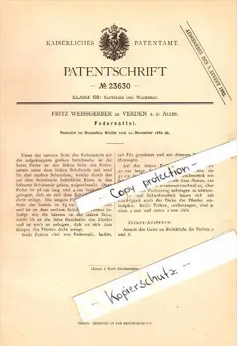 Original Patent - Fritz Weissgerber in Verden a.d. Aller , 1882 , Federsattel für Pferde , Sattel , Reiterhof !!!
