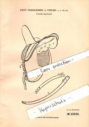 Original Patent - Fritz Weissgerber in Verden a.d. Aller , 1882 , Federsattel für Pferde , Sattel , Reiterhof !!!