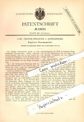 Original Patent - Carl Dreyer-Bürckner in Quedlinburg , 1882 , Capillar-Thermometer !!!