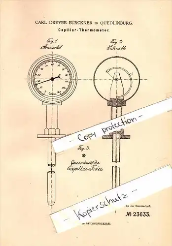 Original Patent - Carl Dreyer-Bürckner in Quedlinburg , 1882 , Capillar-Thermometer !!!