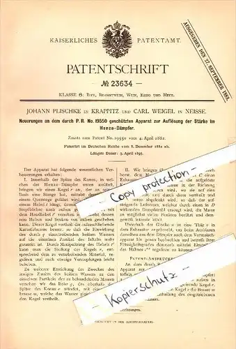 Original Patent - Johann Plischke in Krappitz / Krapkowice i. Schlesien&#8203; ,1882, Apparat für Brauerei C. Weigel in