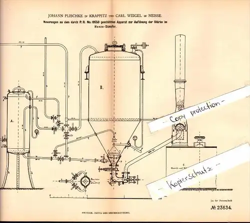 Original Patent - Johann Plischke in Krappitz / Krapkowice i. Schlesien&#8203; ,1882, Apparat für Brauerei C. Weigel in