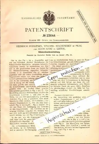 Original Patent - H. Podlipsky , V. Machowsky in Prag und Alois Kasc in Listol , 1883 , Rübenschneidevorrichtung !!!