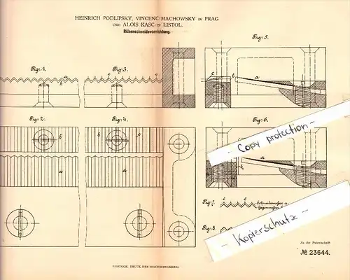 Original Patent - H. Podlipsky , V. Machowsky in Prag und Alois Kasc in Listol , 1883 , Rübenschneidevorrichtung !!!