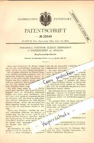 Original Patent - F.T. Deinhardt in Wickerstedt b. Apolda , 1883 , Hopfen-Sudmethode , Brauerei , Alkohol , Bier !!!