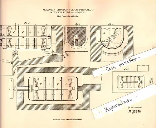 Original Patent - F.T. Deinhardt in Wickerstedt b. Apolda , 1883 , Hopfen-Sudmethode , Brauerei , Alkohol , Bier !!!