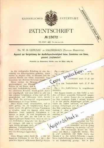 Original Patent - Dr. W.H. Lepenau in Salzbergen , 1883 , Leptometer , Öl , Oel !!!