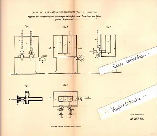 Original Patent - Dr. W.H. Lepenau in Salzbergen , 1883 , Leptometer , Öl , Oel !!!