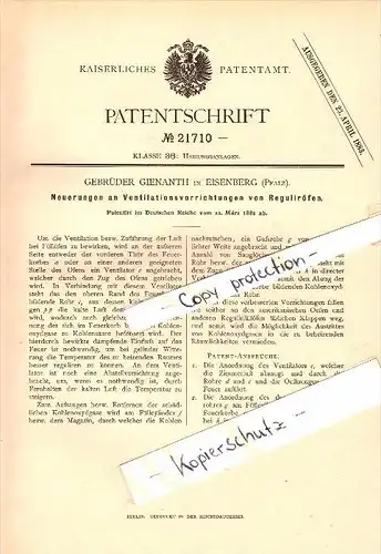 Original Patent - Gebrüder Gienanth in Eisenberg , Pfalz , 1882 , Ventilation für Regulieröfen , Heizungsbau !!!