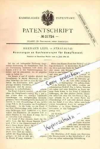 Original Patent - Hermann Lehl in Stralsund i. Mecklenburg , 1882 , Gasfeuerung für Dampfkessel !!!