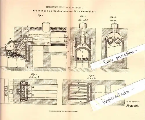 Original Patent - Hermann Lehl in Stralsund i. Mecklenburg , 1882 , Gasfeuerung für Dampfkessel !!!