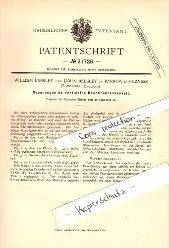 Original Patent - William Beesley in Barrow in Furness , 1882 , steam boiler !!!