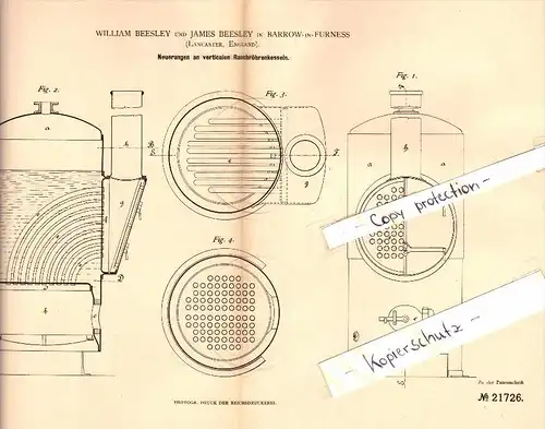 Original Patent - William Beesley in Barrow in Furness , 1882 , steam boiler !!!