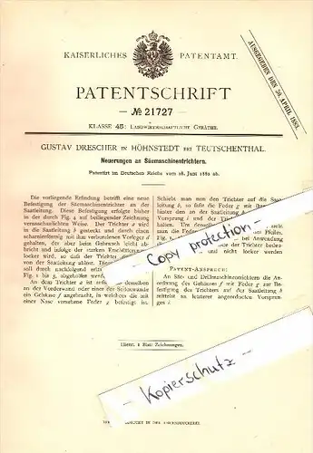 Original Patent - Gustav Drescher in Höhnstedt / Salzatal b. Teutschenthal , 1882, Säemaschinentrichter , Landwirtschaft