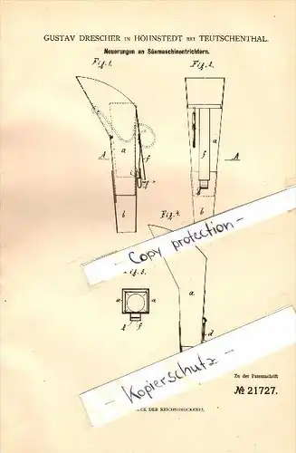 Original Patent - Gustav Drescher in Höhnstedt / Salzatal b. Teutschenthal , 1882, Säemaschinentrichter , Landwirtschaft