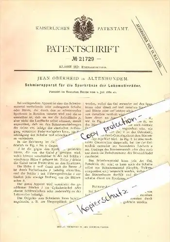 Original Patent - Jean Oberheid in Altenhundem b. Lennestadt , 1882 , Schmierapparat für Lokomotive , Eisenbahn !!!