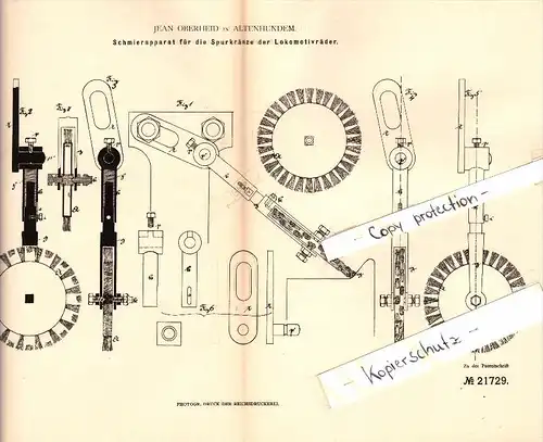 Original Patent - Jean Oberheid in Altenhundem b. Lennestadt , 1882 , Schmierapparat für Lokomotive , Eisenbahn !!!