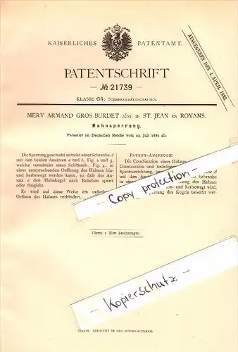 Original Patent - M.A. Gros-Burdet à Saint-Jean-en-Royans , 1882 , Verrouillez sur le robinet !!!