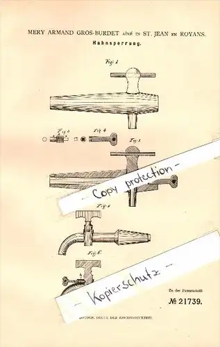 Original Patent - M.A. Gros-Burdet à Saint-Jean-en-Royans , 1882 , Verrouillez sur le robinet !!!