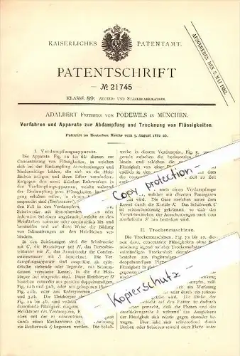 Original Patent - Adalbert Freiherr von Podewils in München , 1882 , Apparat zum Trocknen von Flüssigkeiten , Brauerei !