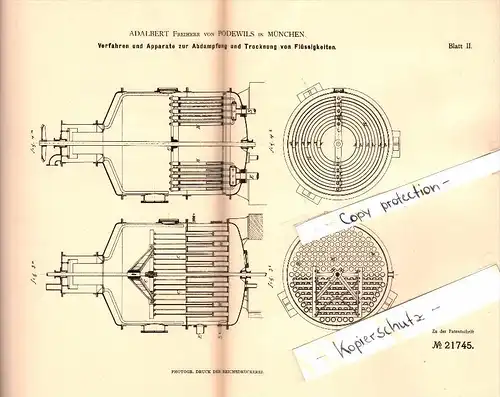 Original Patent - Adalbert Freiherr von Podewils in München , 1882 , Apparat zum Trocknen von Flüssigkeiten , Brauerei !