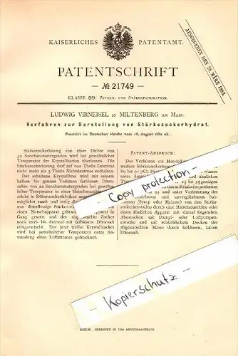 Original Patent - Ludwig Virneisel in Miltenberg a. Main , 1882 , Darstellung von Stärke-Zuckerhydrat , Zucker !!!