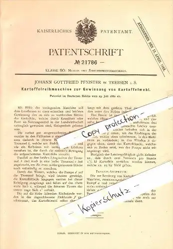 Original Patent - Johann Gottfried Pfnister in Trebsen i.S. , 1882 , Kartoffel-Reibmaschine , Landwirtschaft !!!