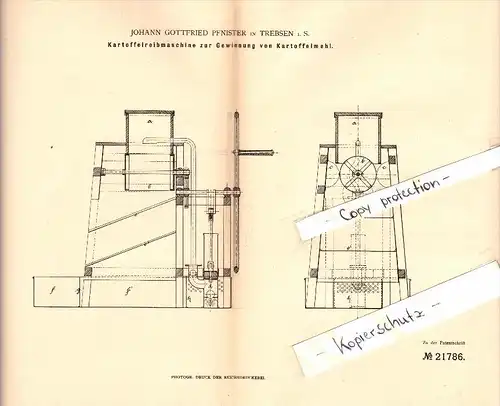 Original Patent - Johann Gottfried Pfnister in Trebsen i.S. , 1882 , Kartoffel-Reibmaschine , Landwirtschaft !!!