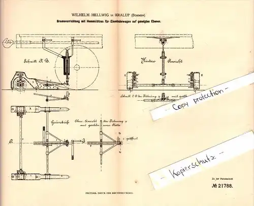 Original Patent - Wilhelm Hellwig in Kralup / Kralupy nad Vltavou , 1882 , Bremse für Eisenbahn , Moldau !!!