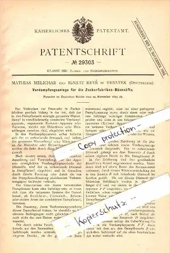 Original Patent - M. Melichar und I. Keyr in Vrbatek b. Prossnitz / Prostejov , 1883 , Verdampfer für Zuckerfabrik !!!