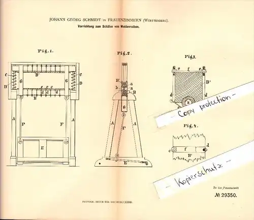 Original Patent - J.G. Schmidt in Frauenzimmern b. Güglingen , 1884 , Vorrichtung zum Schälen von Weidenruten , Weiden !