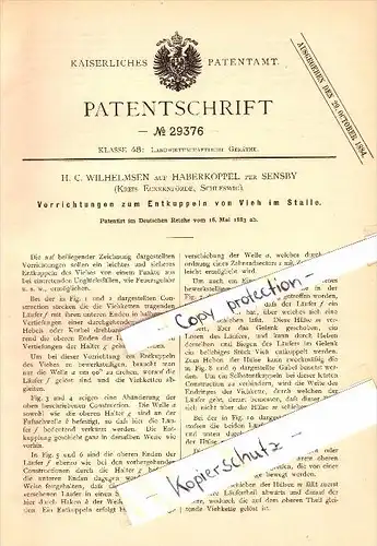 Original Patent - H.C. Wilhelmsen auf Haberkoppel / Winnemark b. Sensby / Thumby , 1883 , Vieh-Entkuppelung !!