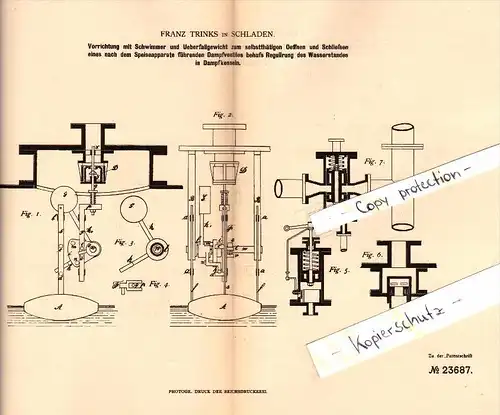 Original Patent - Franz Trinks in Schladen a. Harz , 1883 , Apparat für Dampfkessel , Dampfmaschine !!!