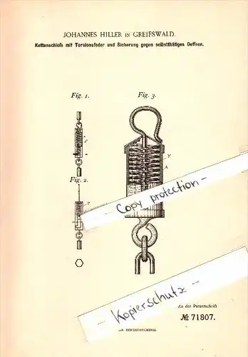 Original Patent - Johannes Hiller in Greifswald i. Mecklenburg , 1893 , Kettenschloß mit Torsionsfeder , Maschinenbau !!