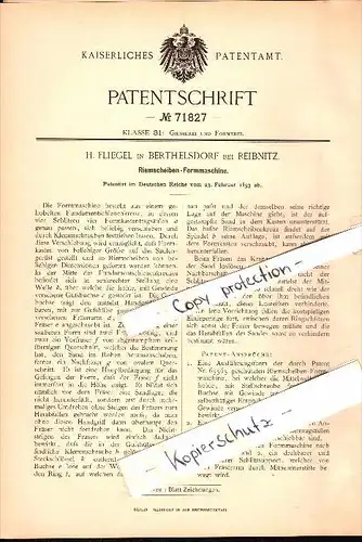 Original Patent - H. Fliegel in Berthelsdorf b. Herrnhut , 1893 , Riemenscheiben-Formmaschine , Reibnitz !!!