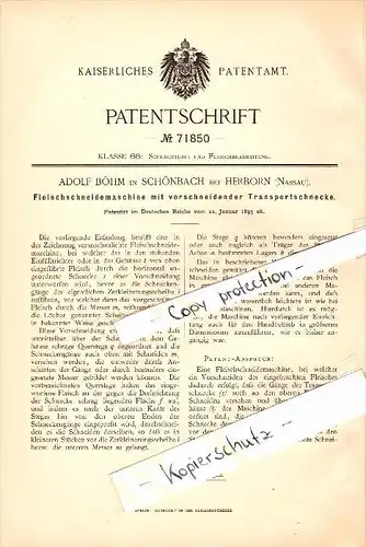 Original Patent - Adolf Böhm in Schönbach b. Herborn , Hessen , 1893 , Fleisch-Schneidemaschine , Fleischer , Metzger !!