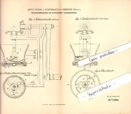Original Patent - Adolf Böhm in Schönbach b. Herborn , Hessen , 1893 , Fleisch-Schneidemaschine , Fleischer , Metzger !!