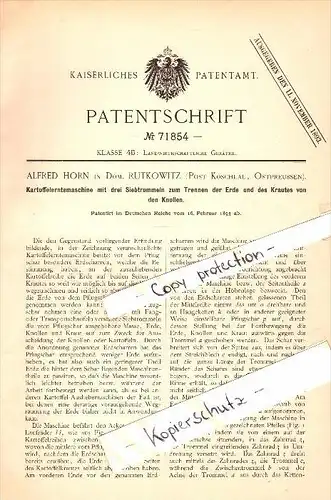 Original Patent - A. Horn in Domäne Rutkowitz b. Koschlau / Koszelewy , 1893 , Kartoffel-Erntemaschine , Rybno / Rübenau