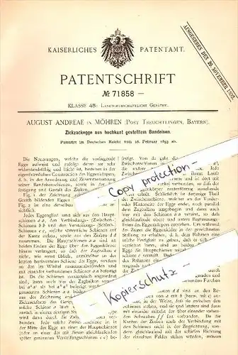 Original Patent - August Andreae in Möhren b. Treuchtlingen , 1893 , Zickzackegge , Landwirtschaft !!!