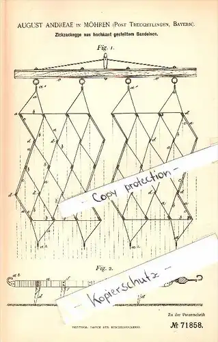 Original Patent - August Andreae in Möhren b. Treuchtlingen , 1893 , Zickzackegge , Landwirtschaft !!!