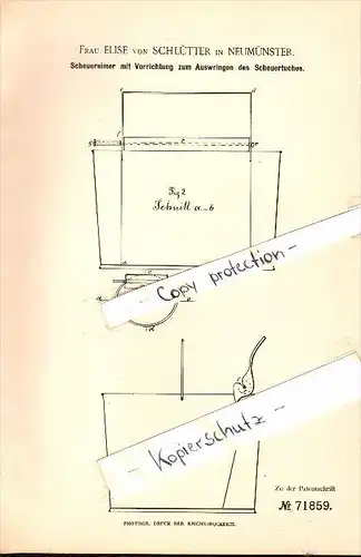 Original Patent - Elise von Schlütter in Neumünster , 1893 , Scheuereimer mit Auswringvorrichtung !!!