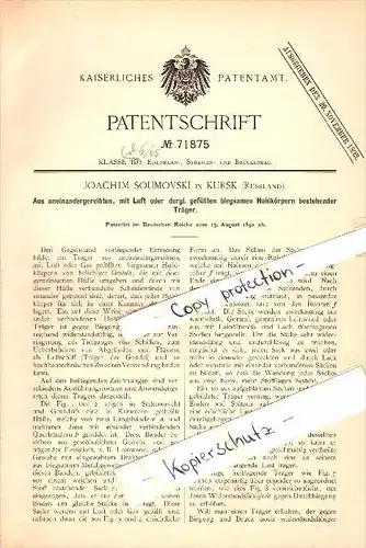 Original Patent - Joachim Soumovski in Kursk , Russland , 1892 , Hohlkörper mit Luft für Eisenbahn !!!