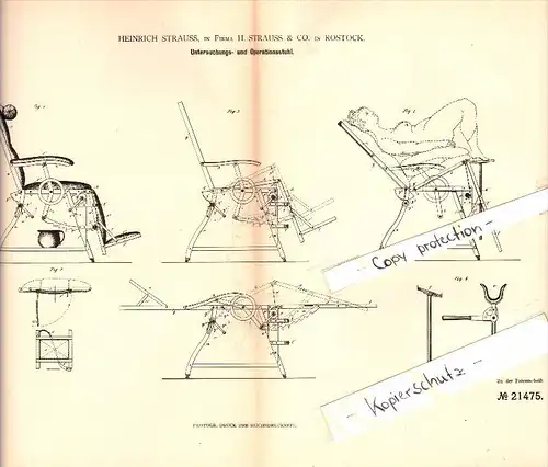 Original Patent - H. Strauss & Co. in Rostock i. Mecklenburg , 1882 , Untersuchungs- und Operationsstuhl , Arzt  !!!