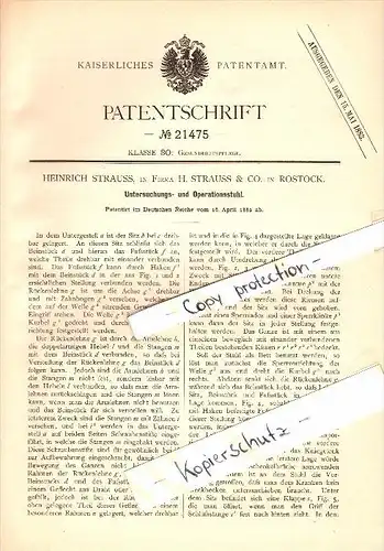 Original Patent - H. Strauss & Co. in Rostock i. Mecklenburg , 1882 , Untersuchungs- und Operationsstuhl , Arzt  !!!